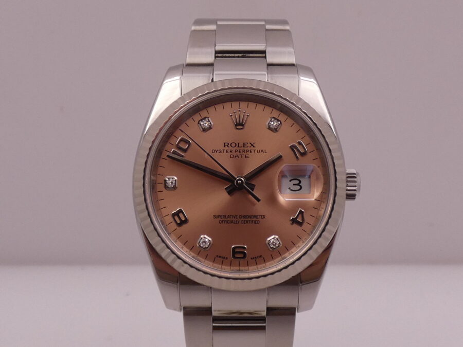 Rolex Oyster Perpetual Date 115234 Factory Salmon Diamond Dial With BOX Lunetta Oro Bianco 18Kt ANNO 2015 Automatico Acciaio - immagine 9