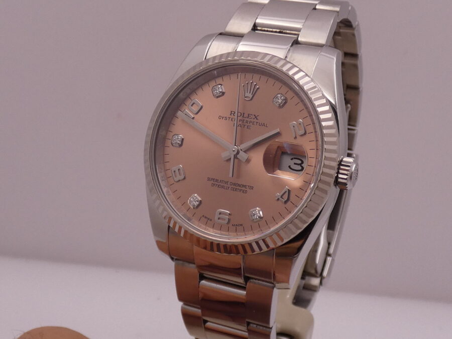 Rolex Oyster Perpetual Date 115234 Factory Salmon Diamond Dial With BOX Lunetta Oro Bianco 18Kt ANNO 2015 Automatico Acciaio - immagine 10