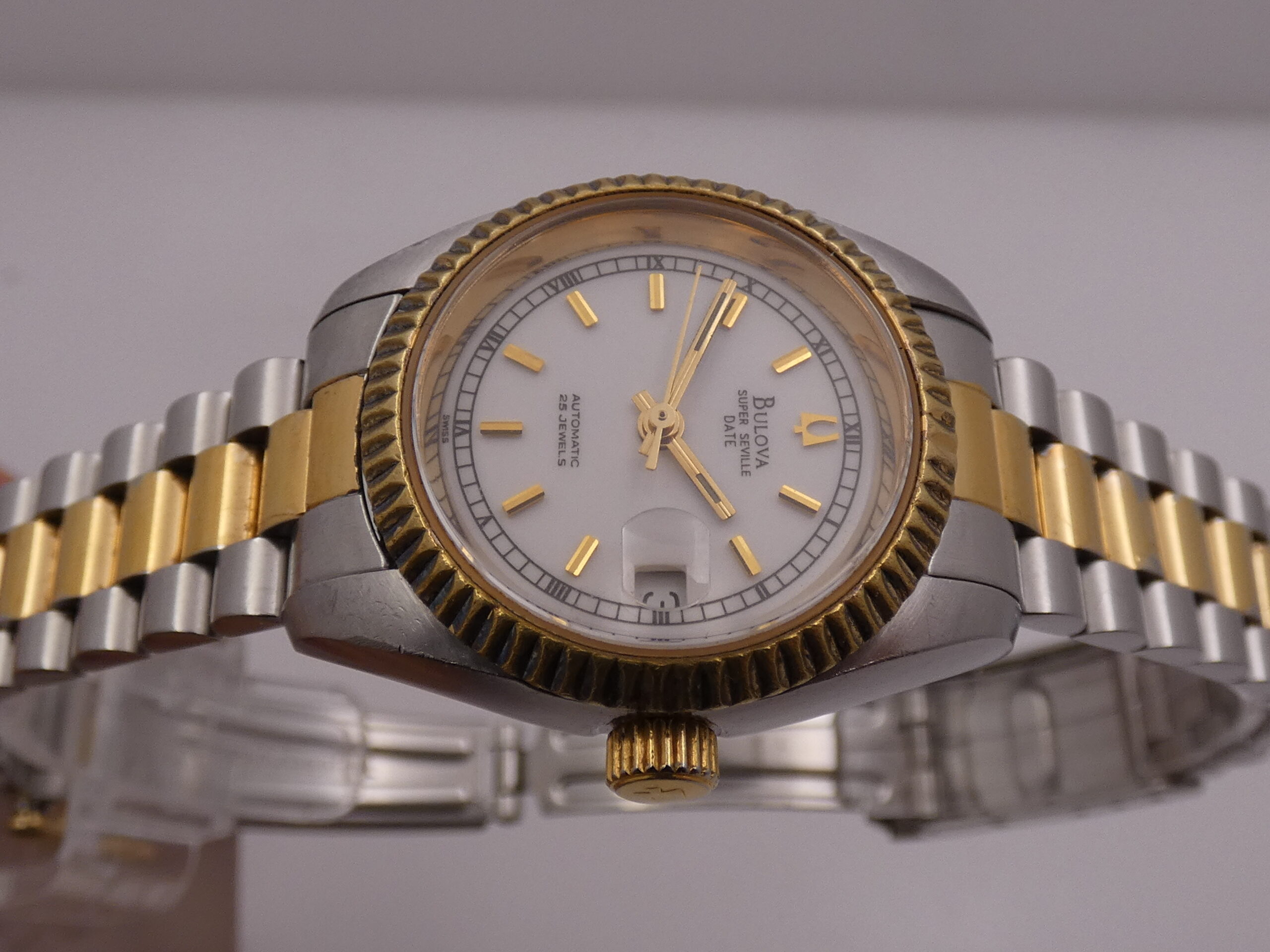 Bulova Super Seville Date Lady 26mm 18Kt G.F. & Acciaio Automatico Anni 90 Bracciale President - immagine 4