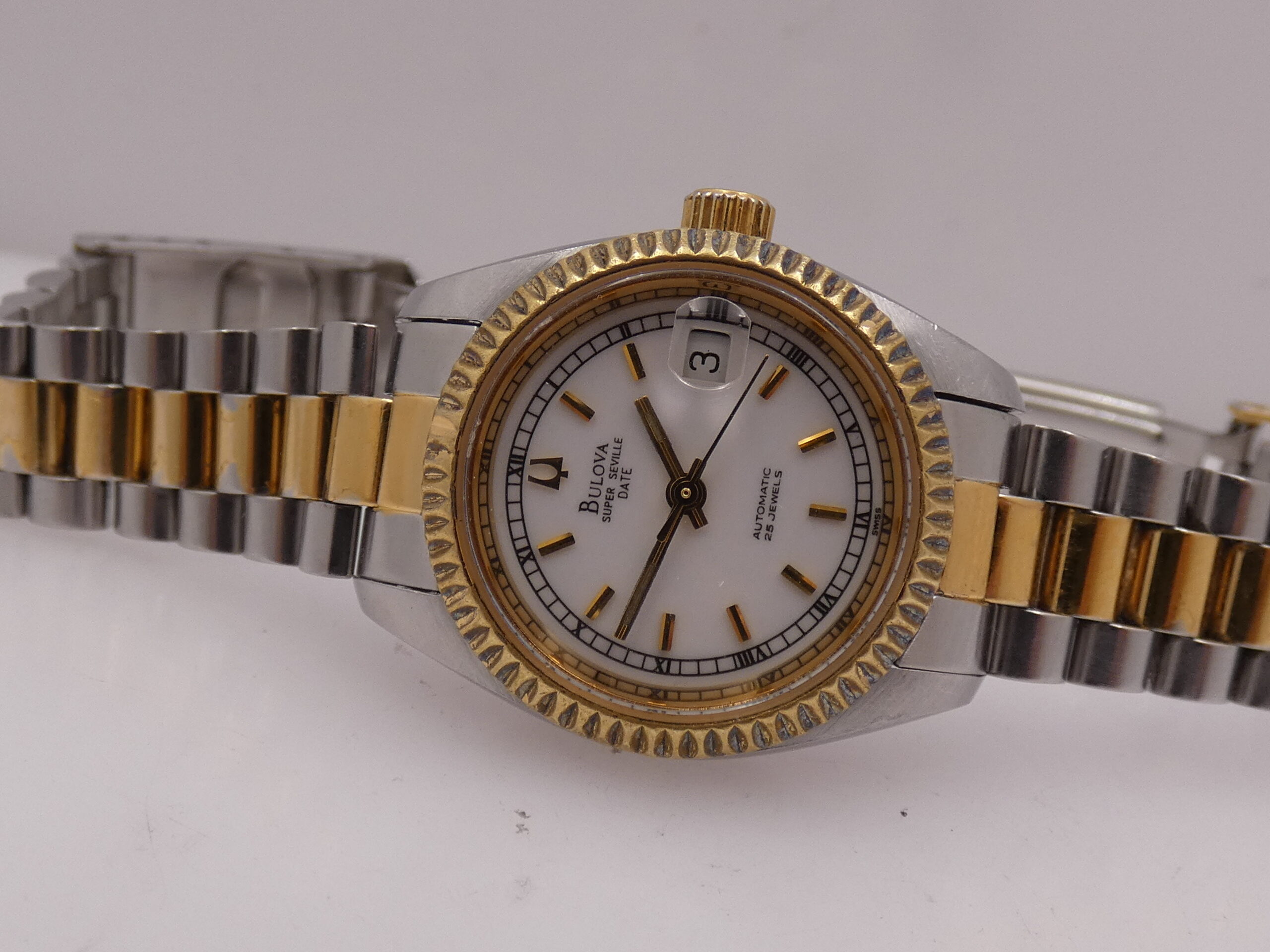 Bulova Super Seville Date Lady 26mm 18Kt G.F. & Acciaio Automatico Anni 90 Bracciale President - immagine 6