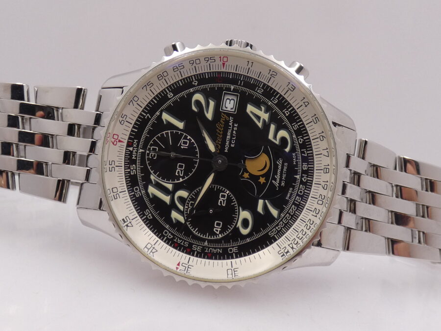 Cronografo Breitling Montbrillant Eclipse Fasi Luna A43030 LIKE NEW BOX&PAPERS Anno 2001 Automatico Acciaio Bracciale Pilot - immagine 6
