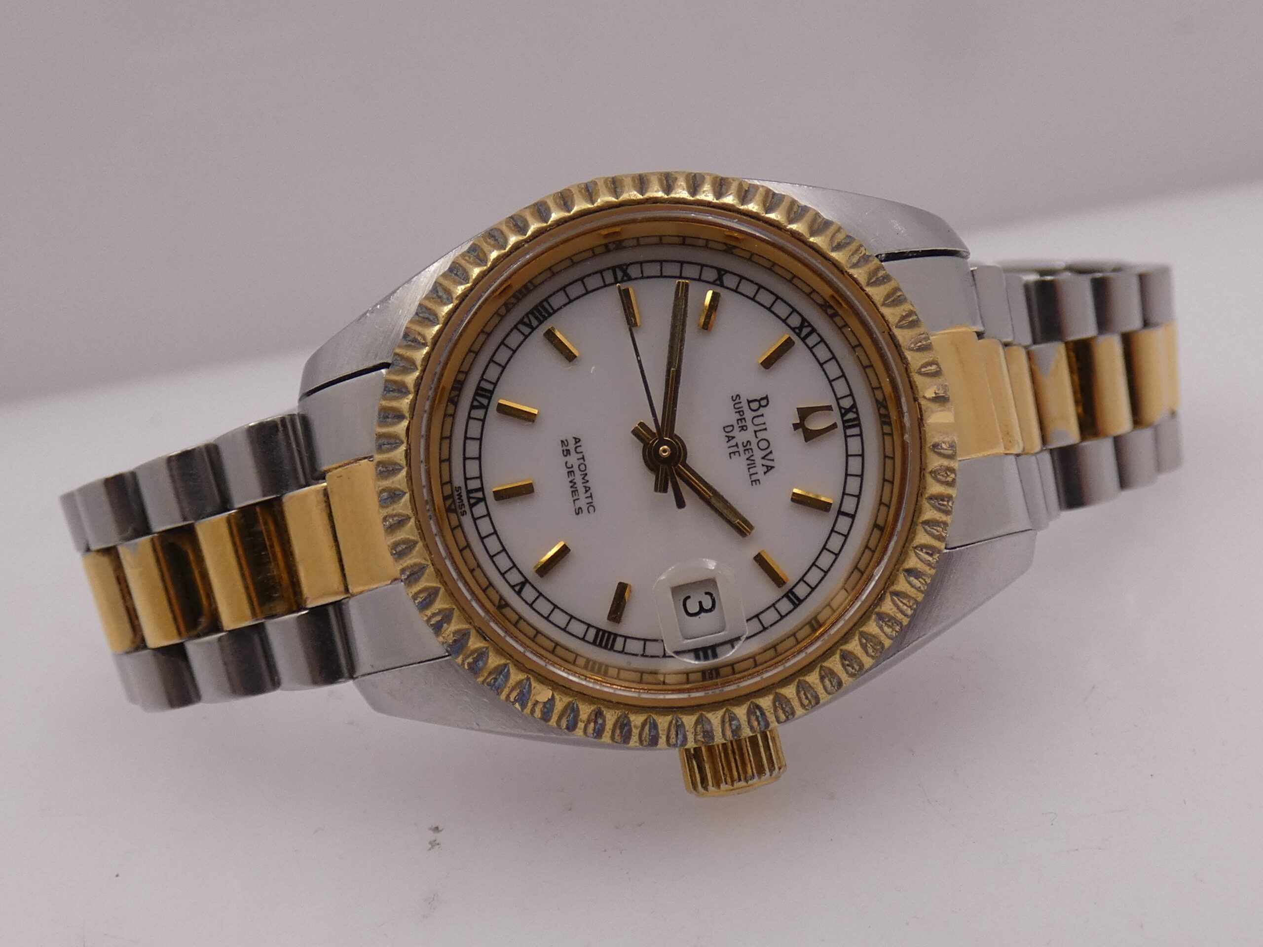 Bulova Super Seville Date Lady 26mm 18Kt G.F. & Acciaio Automatico Anni 90 Bracciale President - immagine 8