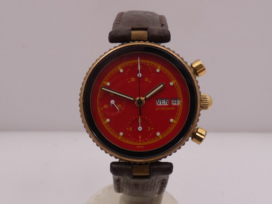 Cronografo Gérald Genta Gefica Day Date G2989.7 RED DIAL Automatico Bronzo & Acciaio Anni 90's - immagine 7
