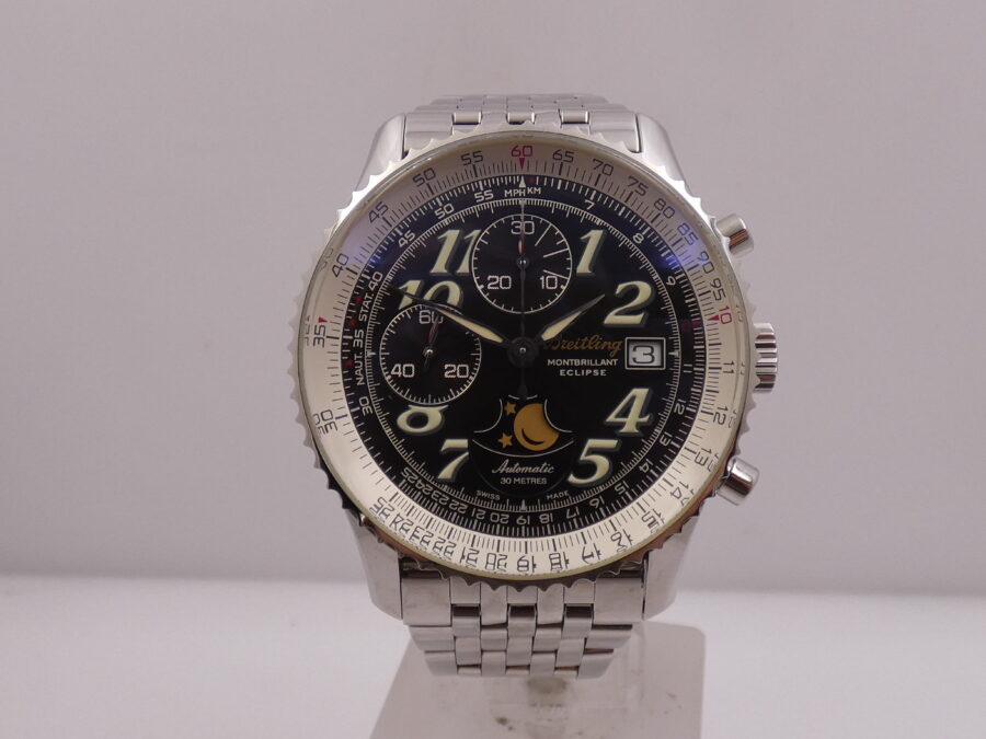 Cronografo Breitling Montbrillant Eclipse Fasi Luna A43030 LIKE NEW BOX&PAPERS Anno 2001 Automatico Acciaio Bracciale Pilot - immagine 9