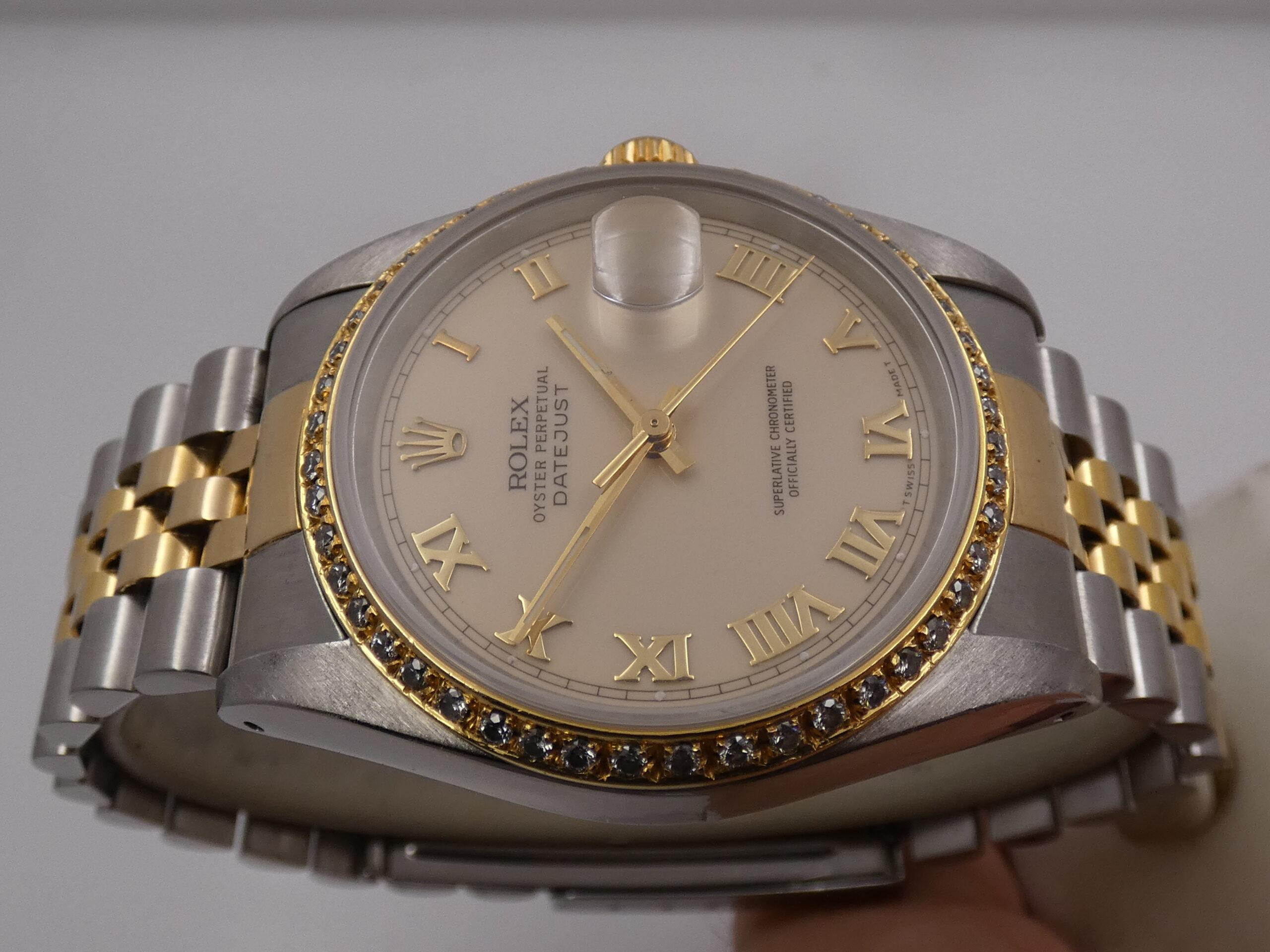 Rolex Datejust 36 16233 Ivory Rome 18Kt Oro & Acciaio Diamonds Bezel Anno 1990 Automatico Bracciale Jubilee