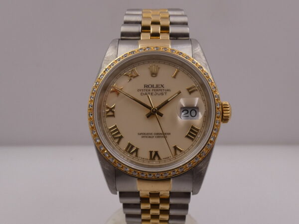 Rolex Datejust 36 16233 Ivory Rome 18Kt Oro & Acciaio Diamonds Bezel Anno 1990 Automatico Bracciale Jubilee