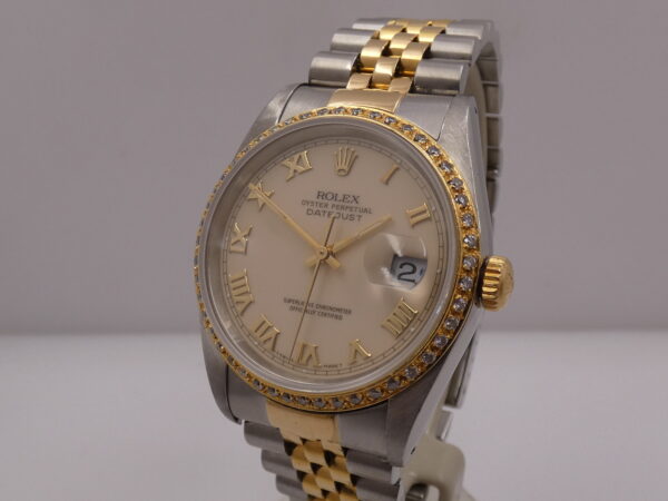 Rolex Datejust 36 16233 Ivory Rome 18Kt Oro & Acciaio Diamonds Bezel Anno 1990 Automatico Bracciale Jubilee