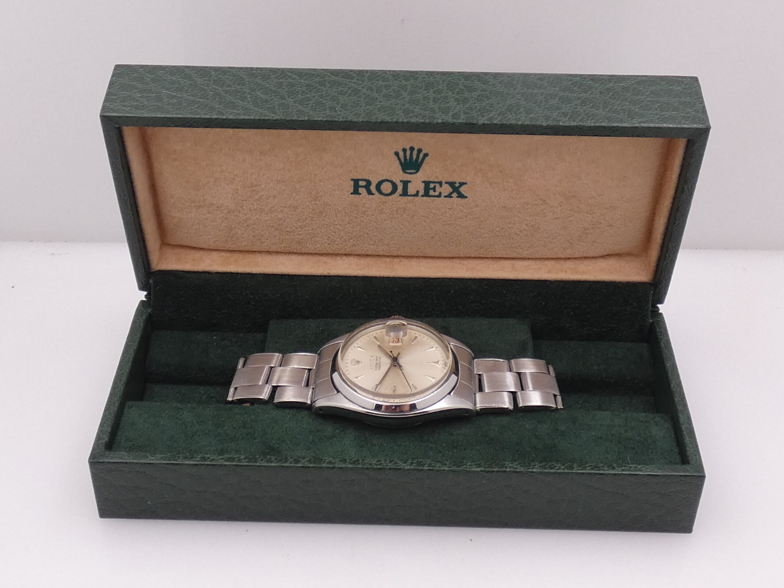 Rolex Oyster Perpetual Date 6530 'Roulette' Shark Tooth Dial Anno 1955 Bracciale Rivettato Automatico Rotore a Farfalla - immagine 10