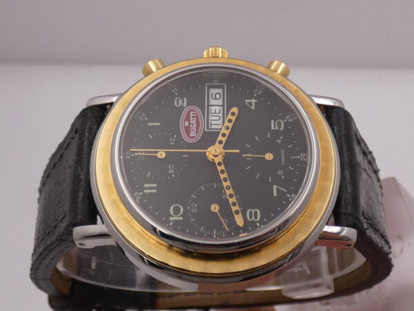 Cronografo Bugatti Racing Day-Date Automatico GHIERA 18Kt G.F. With BOX Black Dial Anni 80's