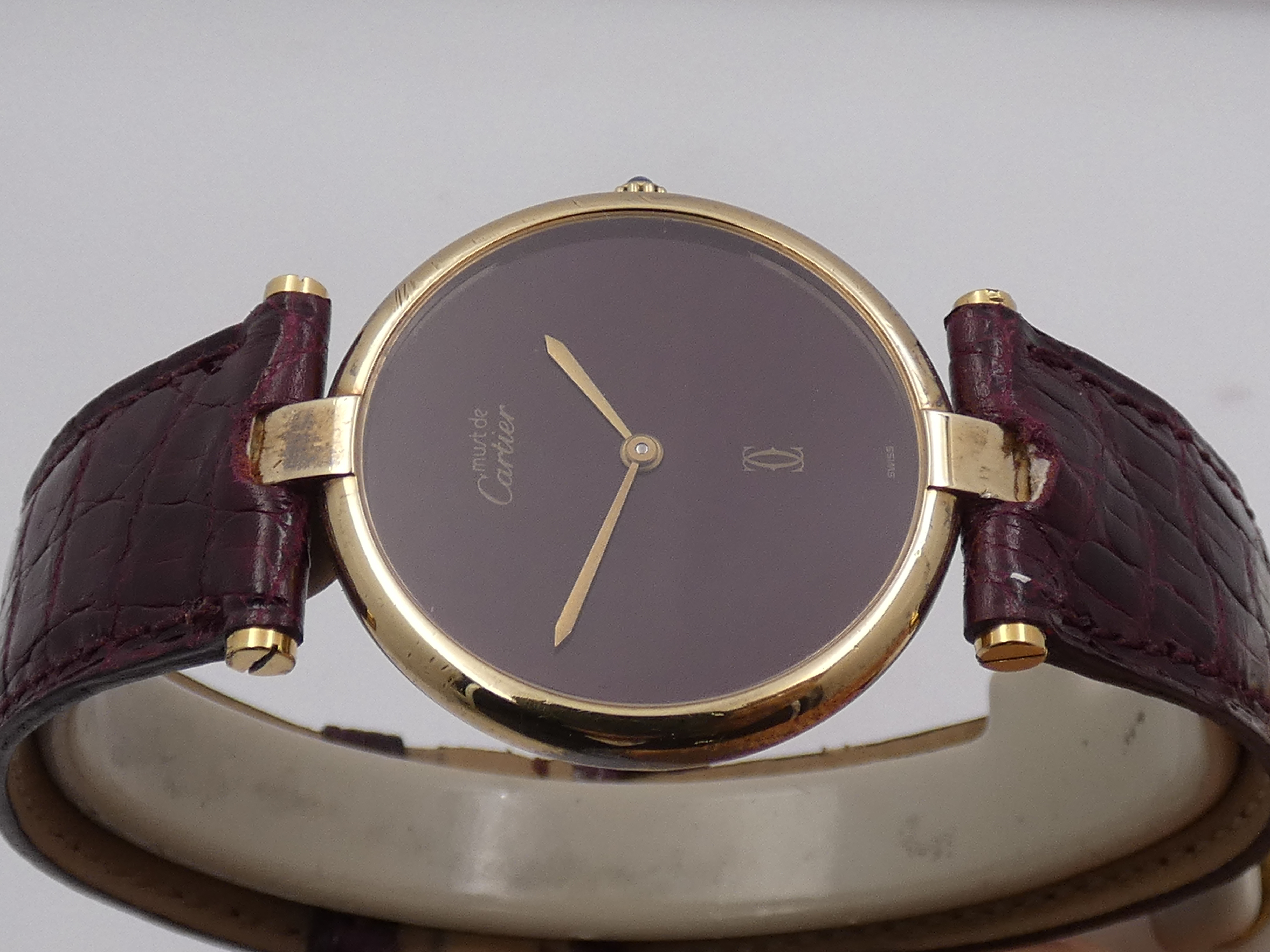 Cartier Must De Cartier Vermeil Lady 30mm Argento 925 18Kt G.F 20 Microns GRANATA DIAL ANNI '80s